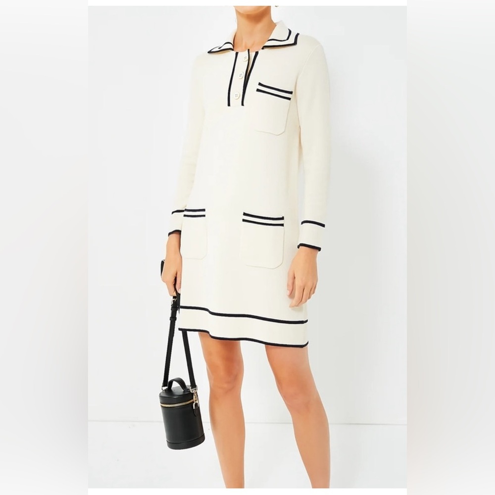 Tuckernuck Eleonora Dress Small Cream Navy Knit Polo Shift Preppy Mod Retro Chic